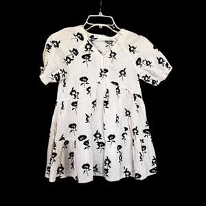 Zara Girls Ecru Black Flowers Short Sleeve Tiered Dress Size 8-9